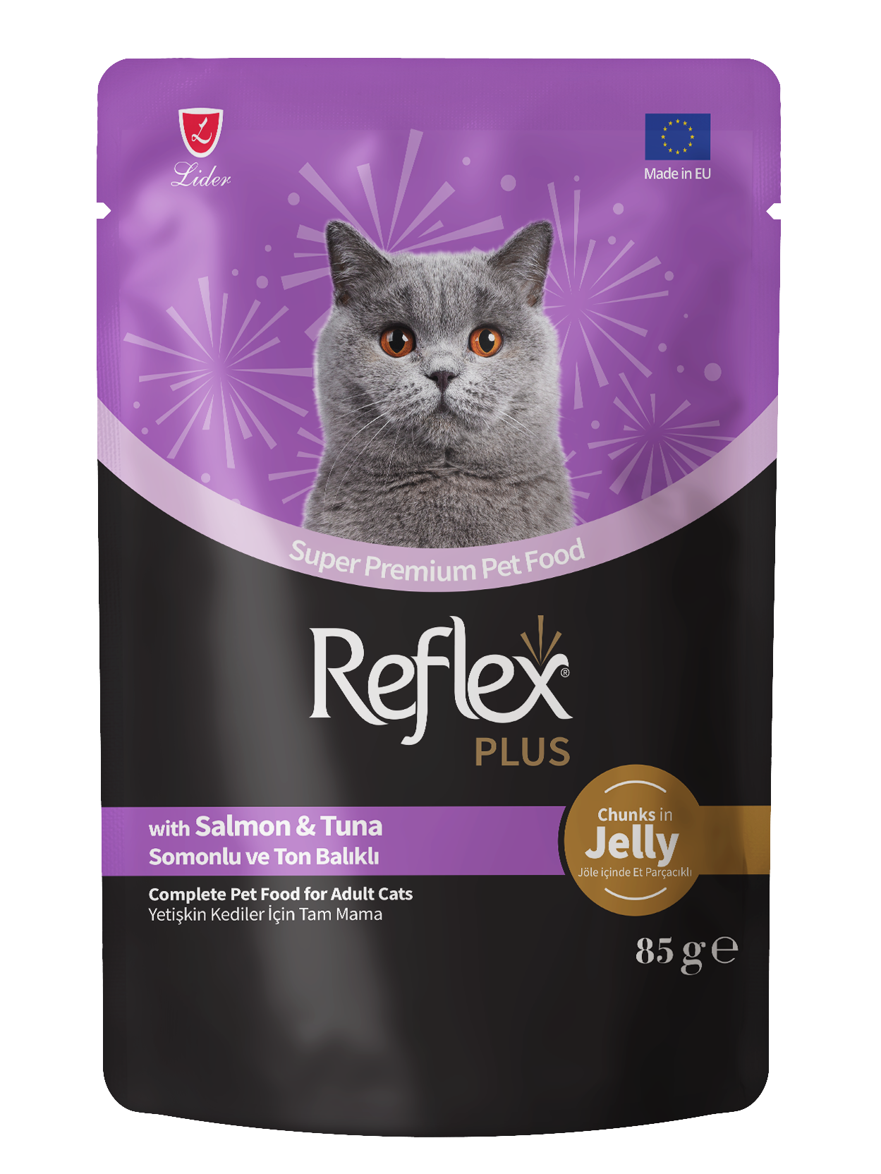 Reflex Plus Jöle İçinde Et Parçacıklı Somonlu & Ton Balıklı Yetişkin Kedi Maması 85g