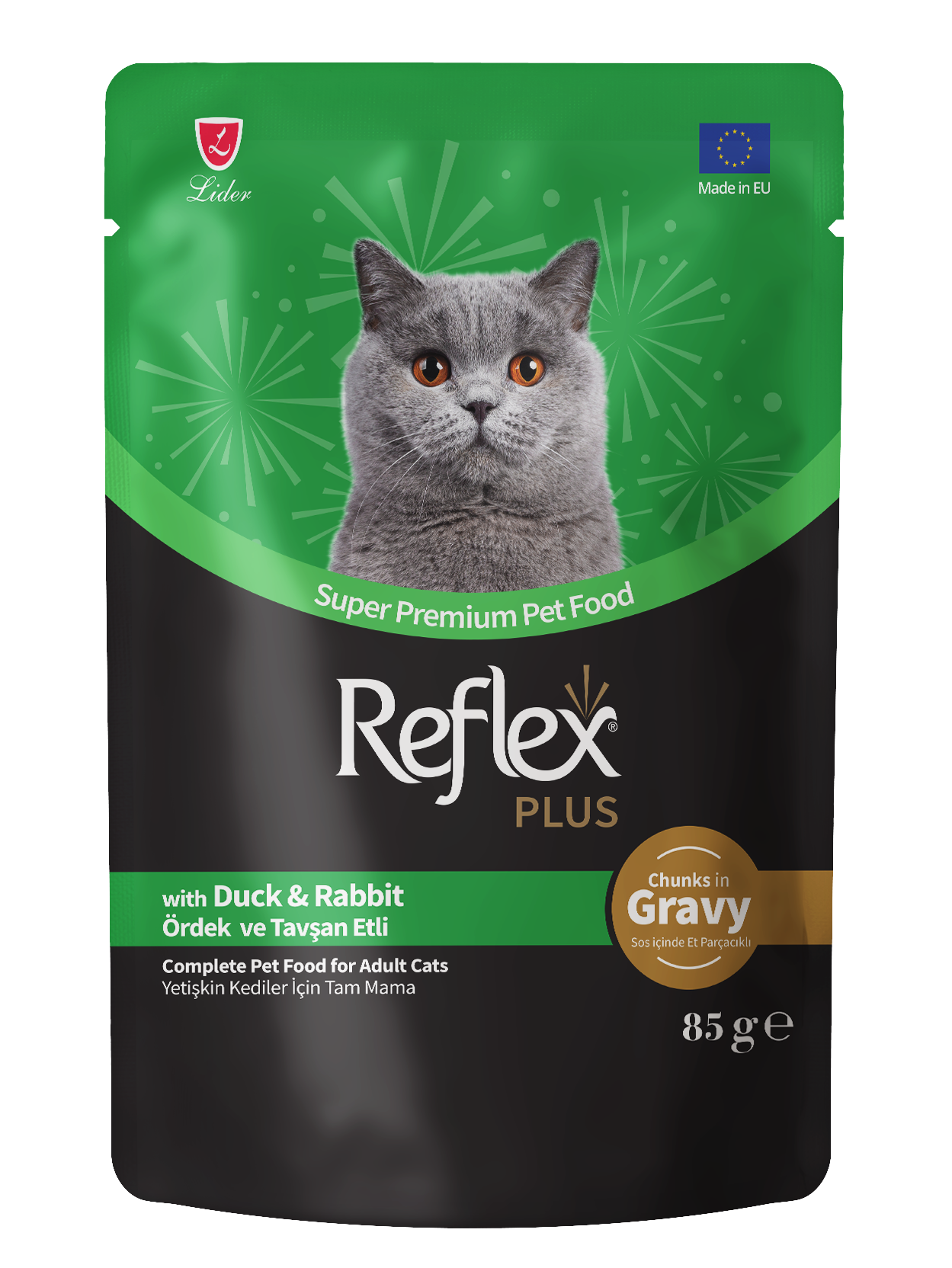 Reflex Plus Sos İçinde Et Parçacıklı Ördekli & Tavşanlı Yetişkin Kedi Maması 85