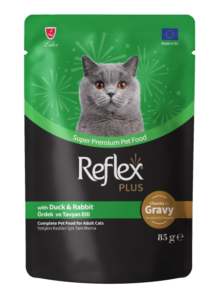 Reflex Plus Sos İçinde Et Parçacıklı Ördekli & Tavşanlı Yetişkin Kedi Maması 85