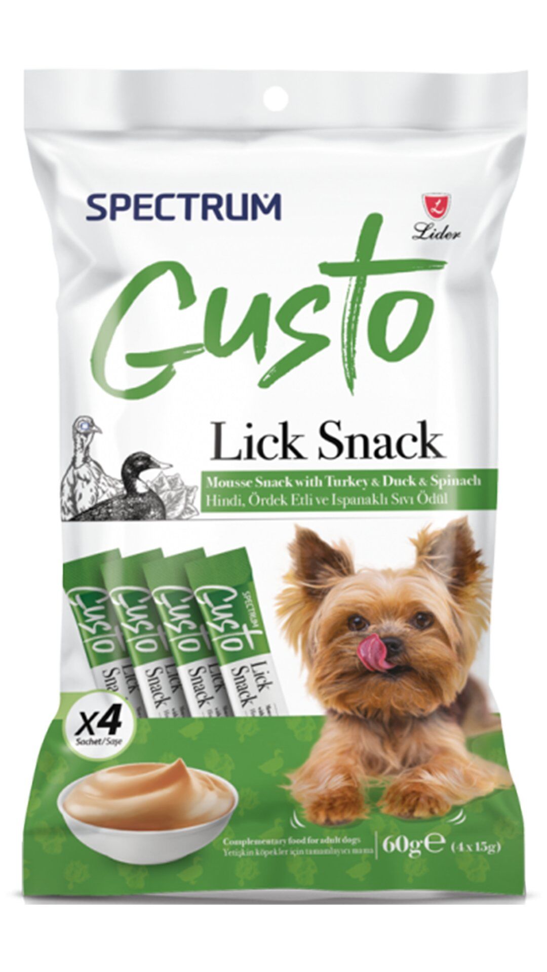 Spectrum Gusto Hindi Ördek Etli ve Ispanaklı Sıvı Yetişkin Köpek Ödül Maması 4x15 Gr