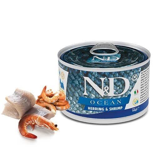 N&D Ocean Ringa Balıklı ve Karidesli Tahılsız Küçük Irk Yetişkin Köpek Konservesi 140gr