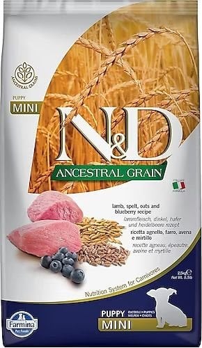 N&D Ancestral Grain Düşük Tahıllı Kuzu Etli ve Yaban Mersinli 2.5 kg Küçük Irk Yavru Köpek Maması