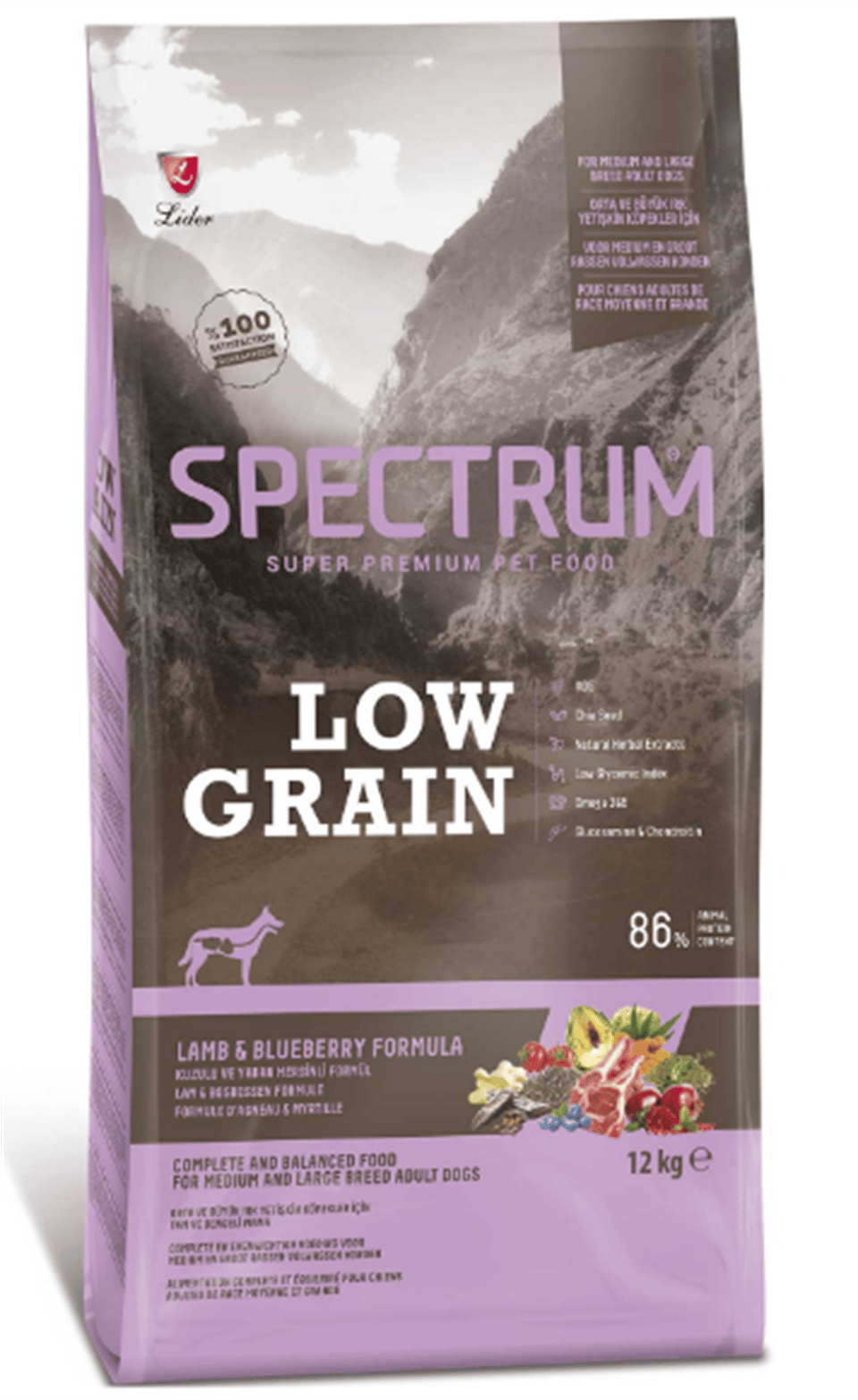 Spectrum Kuzu Etli ve Yaban Mersinli Orta ve Büyük Irk Düşük Tahıllı Yetişkin Köpek Maması 12kg