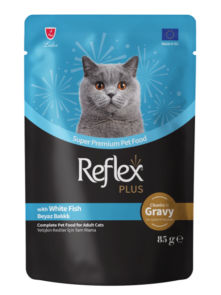 Reflex Plus Sos İçinde Et Parçacıklı Beyaz Balıklı Yetişkin Kedi Maması 85g