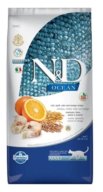 N&D Ocean Düşük Tahıllı Morina Balıklı ve Portakallı 10 kg Yetişkin Kedi Maması