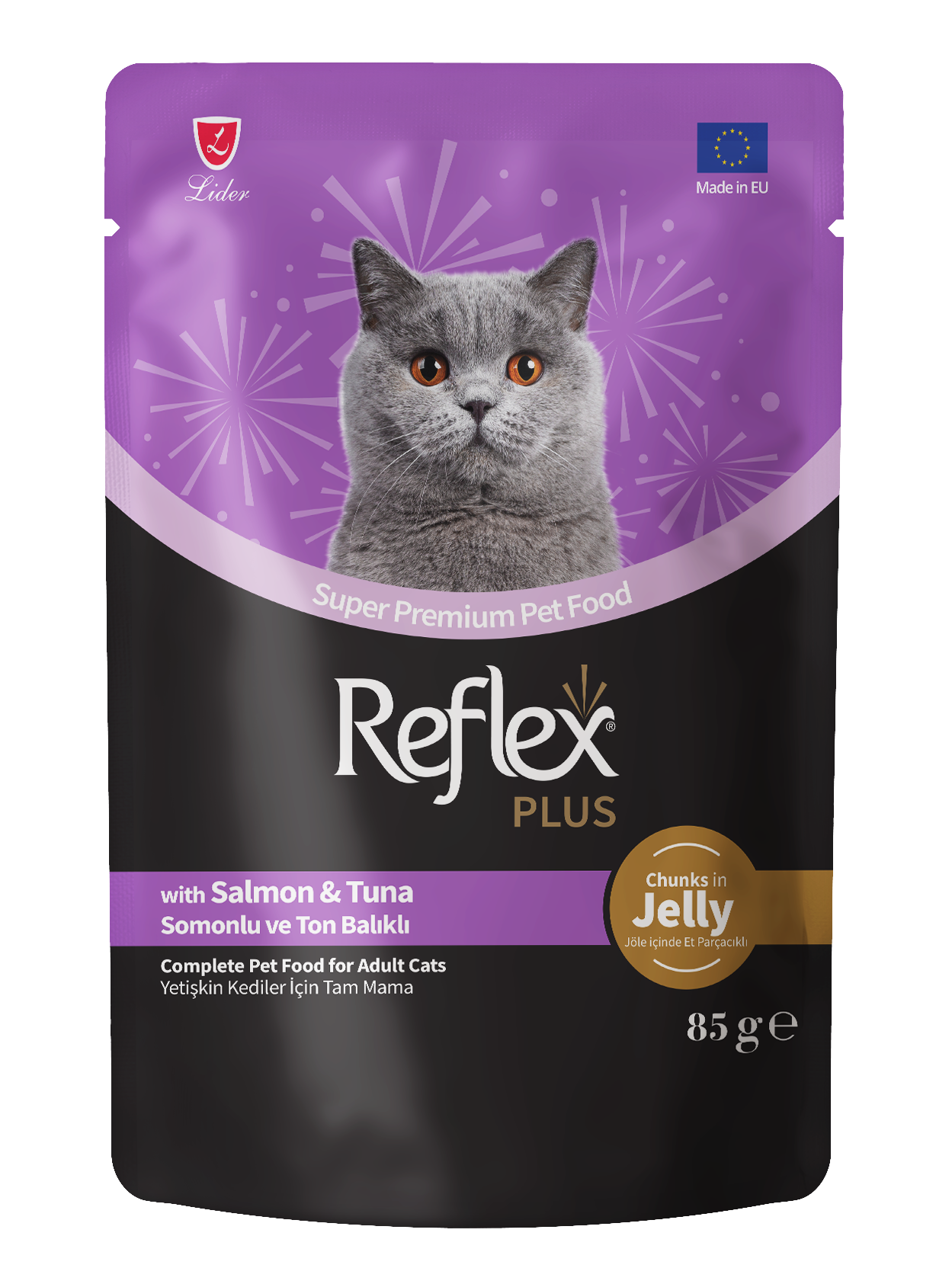 Reflex Plus Jöle İçinde Et Parçacıklı Somonlu & Ton Balıklı Yetişkin Kedi Maması 85g