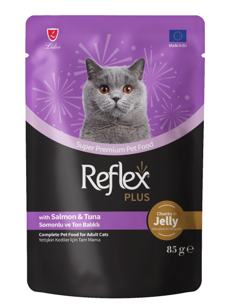 Reflex Plus Jöle İçinde Et Parçacıklı Somonlu & Ton Balıklı Yetişkin Kedi Maması 85g