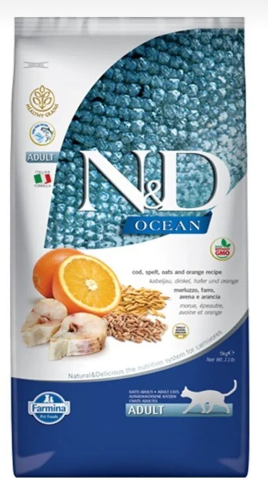 N&D Ocean Düşük Tahıllı Morina Balıklı ve Portakallı 5 kg Yetişkin Kedi Maması