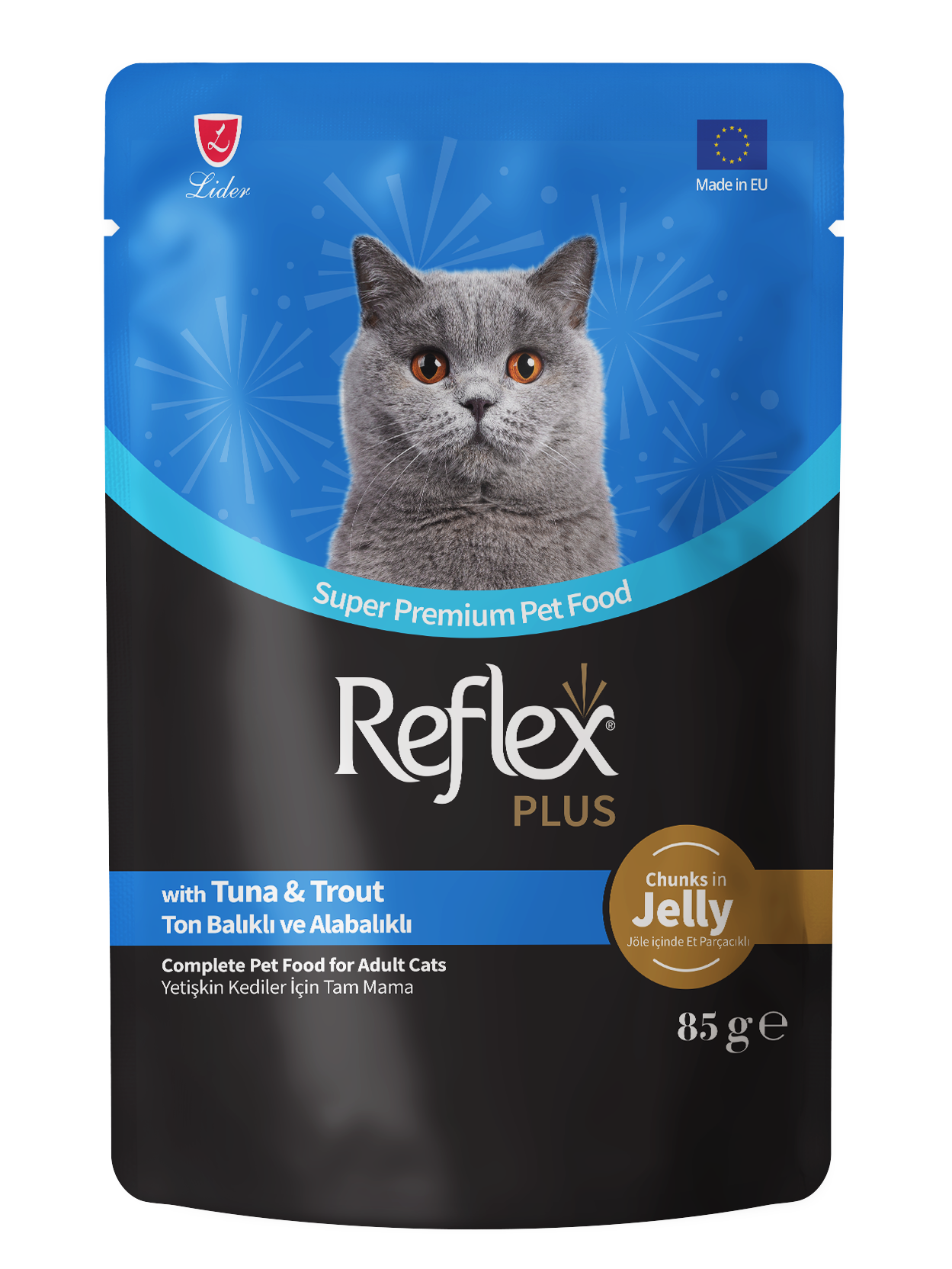 Reflex Plus Jöle İçinde Et Parçacıklı Ton Balıklı Ve Alabalıklı Yetişkin Kedi Maması 85g