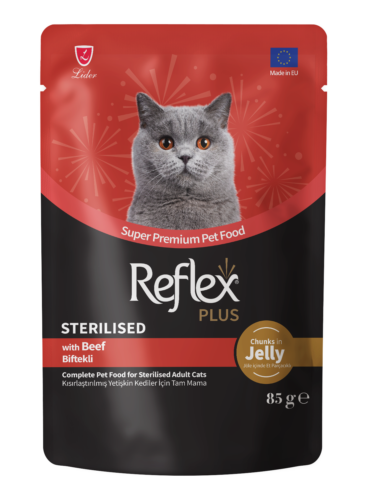 Reflex Plus Jöle İçinde Et Parçacıklı Biftekli Kısırlaştırılmış Yetişkin Kedi Maması 85g