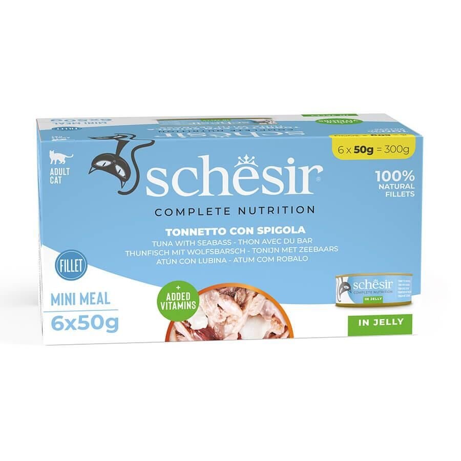 Schesir Tam ve Dengeli Ton Balığı ile Levrekli Jöle İçinde Kedi Konservesi Multipack 6 X 50 Gr