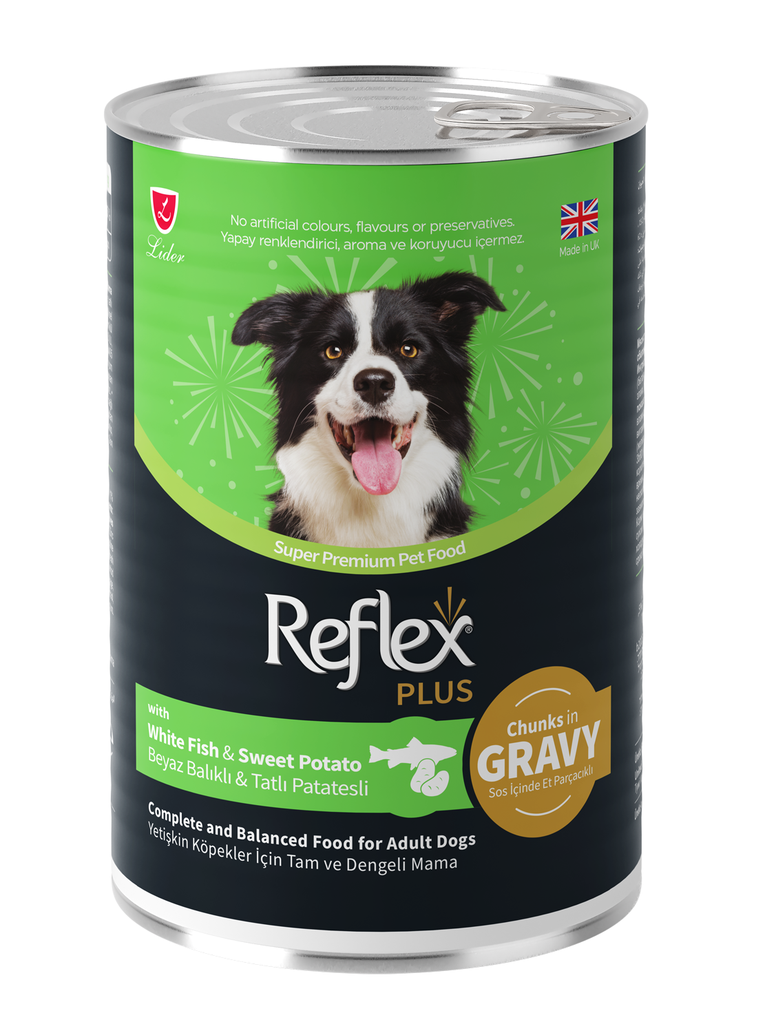 Reflex Plus Sos İçinde Et Parçacıklı Beyaz Balıklı ve Tatlı Patatesli Yetişkin Köpek Maması 400g