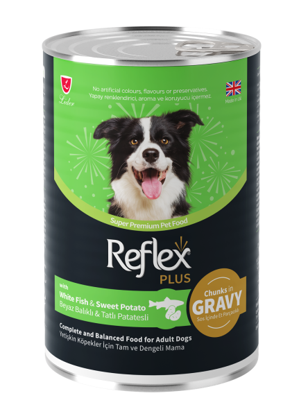 Reflex Plus Sos İçinde Et Parçacıklı Beyaz Balıklı ve Tatlı Patatesli Yetişkin Köpek Maması 400g