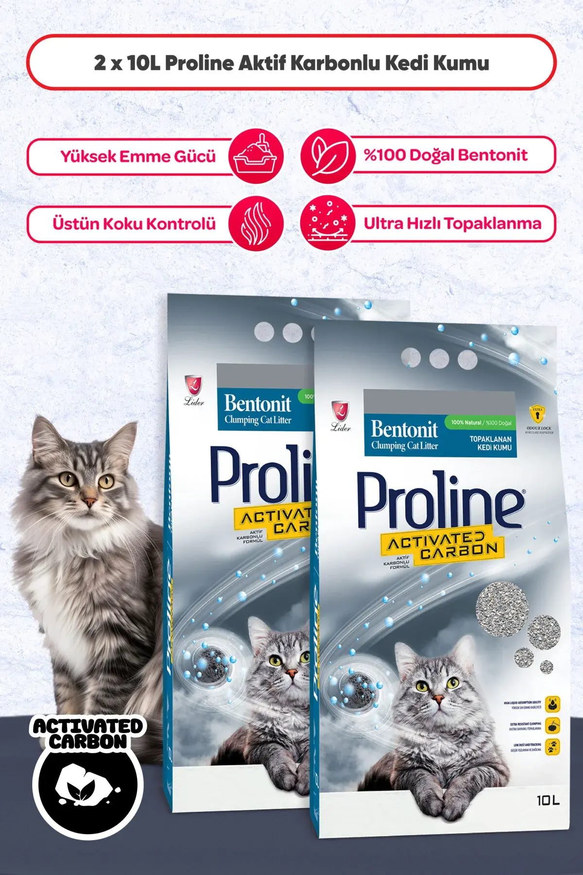 Pro Line Proline Aktif Karbonlu Topaklanan Kedi Kumu 10 Lt X 2 Adet