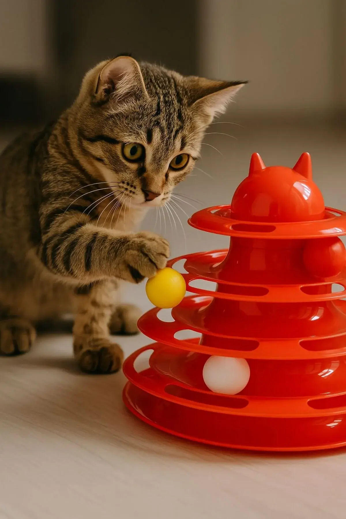 3 Katlı Döner Toplu Kedi Oyuncağı 23cm – Interaktif ve Eğlenceli