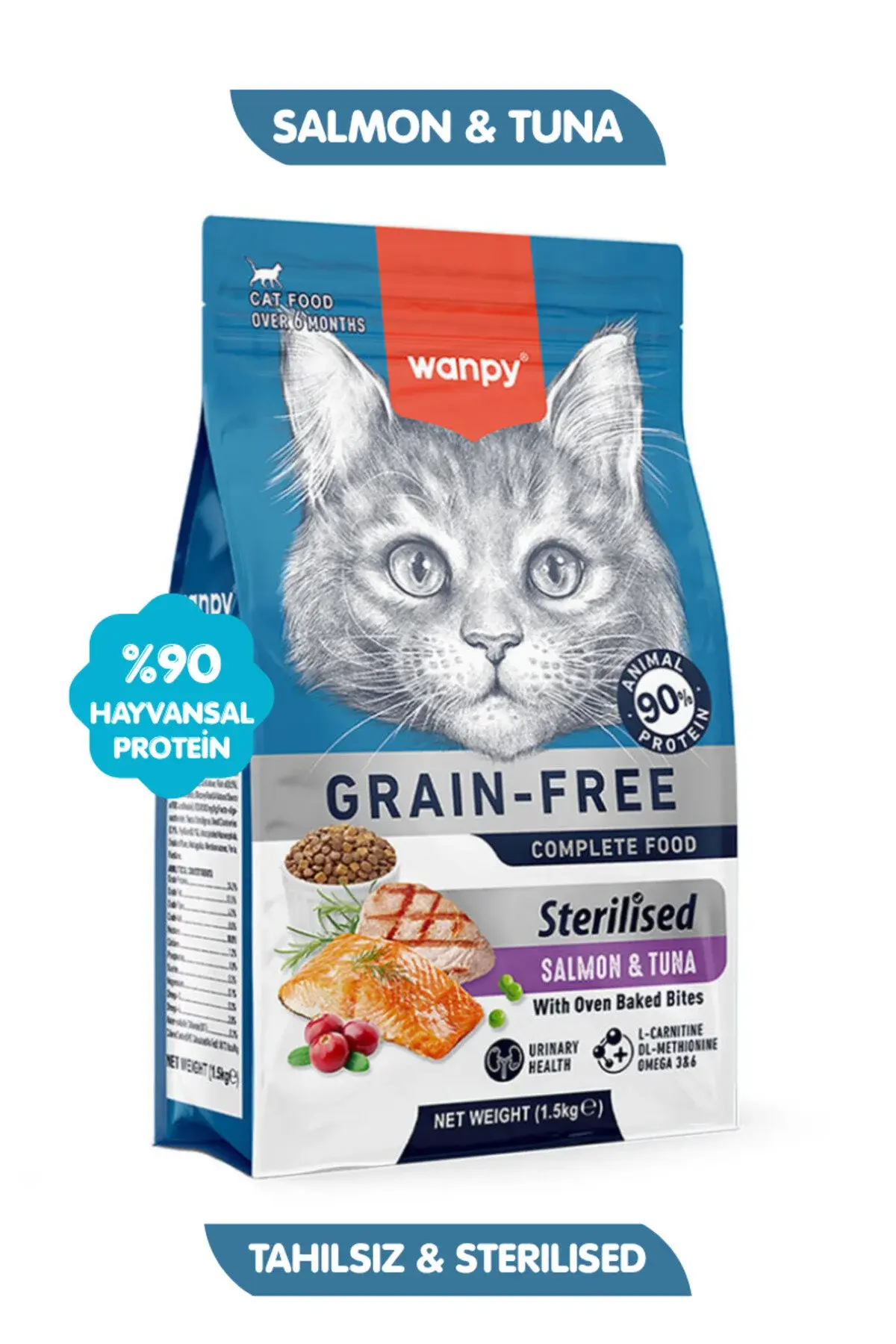 Wanpy Tahılsız Süper Premium %89 Somon & Tuna Kısırlaştırılmış Kedi Maması 1.5 Kg