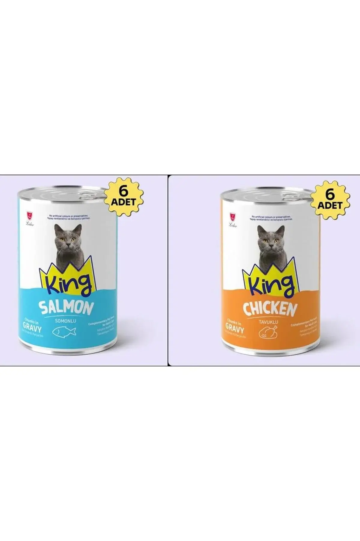 King Sos İçerisinde Et Parçacıklı Tavuklu ve Somonlu Kedi Konservesi 400 Gr*12 Adet