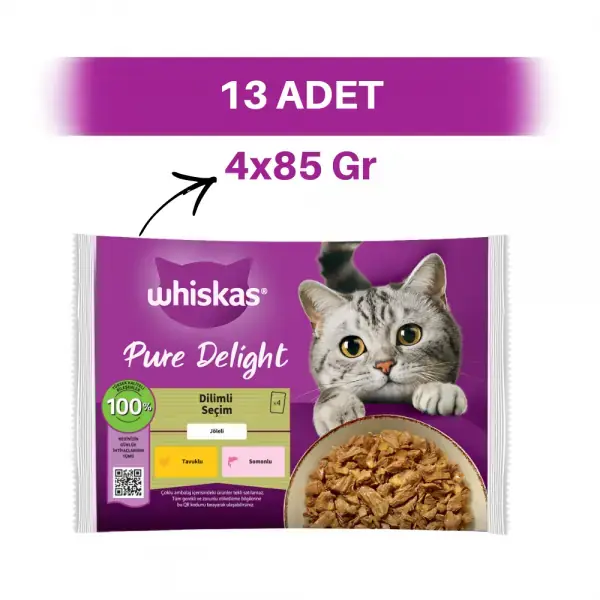 Whiskas 4x85 gr 13 Paket Somonlu ve Tavuklu Güveç Et Çeşitli Yaş Kedi Maması
